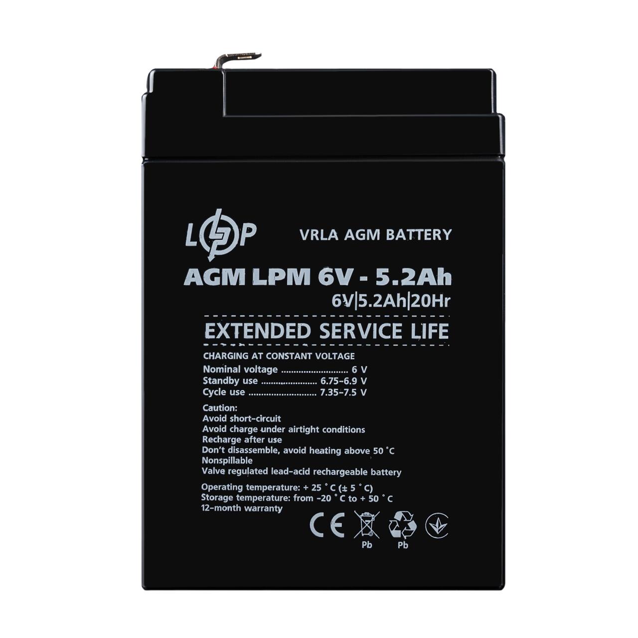 Акумулятор AGM LPM 6V - 5.2 Ah Акумулятор AGM LPM 6V - 5.2 Ah